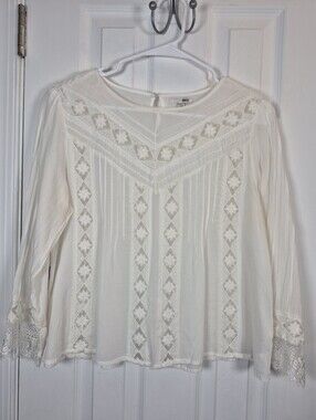 Amuse Society Ivory Lace Boho Blouse L Sheer Romantic Cottagecore Top